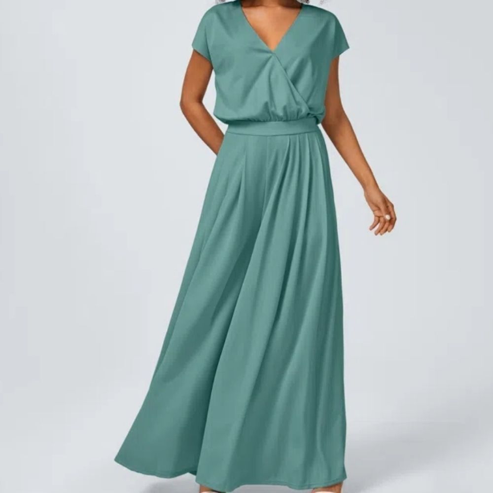 3039 Halara V Neck Short Sleeve Side Pocket Wide Leg Flowy Waffle Casual XS
